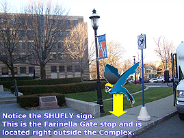 Shufly virtual tour. Image highlights Farinella gate stop located right outside Neumann hall.
