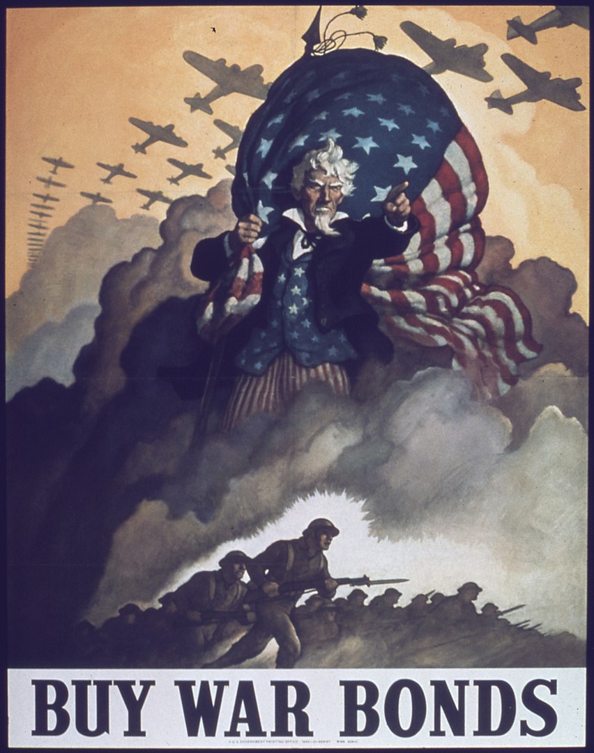 Poster featuring Uncle Sam holding an American flag with planes flying above him. The words 