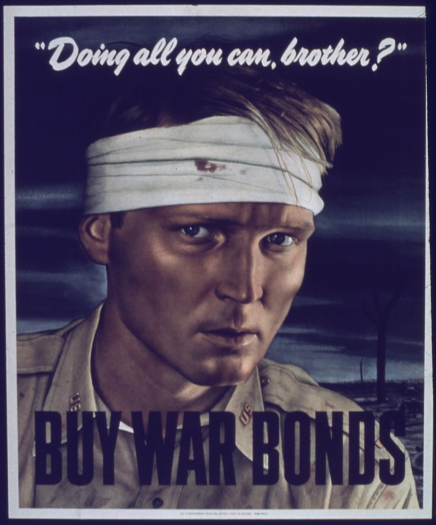 Propaganda poster featuring injured soldier wearing headband. The words 