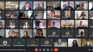 Screenshot of a Zoom call of Education Students and Alumni as they collaborate with students from Ukraine University.