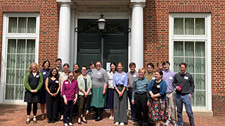 Photo of participating undergraduate researchers (including Seton Hall’s Pearse Gorman, an undergraduate History major) and mentors outside of the McNeil Center for Early American Studies (MCEAS) during the 2023 Undergraduate Research Workshop at UPenn.