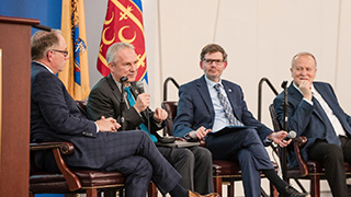Students pictured with Ambassador Csaba Kőrösi at the World Leaders Forum on January 26.Ambassador Kőrösi pictured speaking in front of a group of diplomacy students in a candid Q&A.The guest of honor, Ambassador Kőrösi, is pictured on stage with President Joseph Nyre, Dean Courtney Smith and László Molnár.