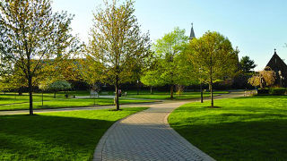 A shot of the University Green on the campus tour. 