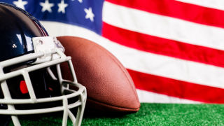 An image of a football helmet, a football and an American flag. 