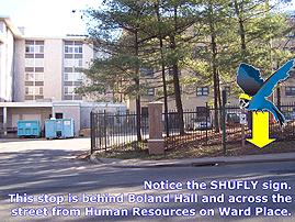 Shufly virtual tour. Image highlights Human resources, located behind Boland hall.