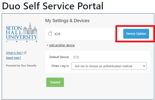 Duo Self-Service Portal settings &amp; devices screen.