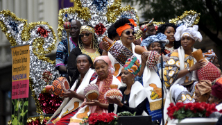 Musicians on a float perform with traditional instruments during the annual Juneteenth parade in Center City Philadelphia, PA, on June 23, 2018.