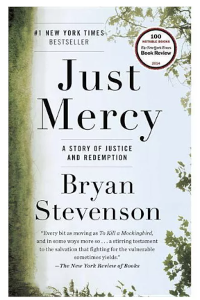 Book cover for Just Mercy by Bryan Stevenson depicting grass and trees. 