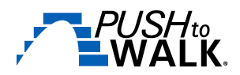 Logo for the non-profit, Push to Walk, with a blue arch of steps. 