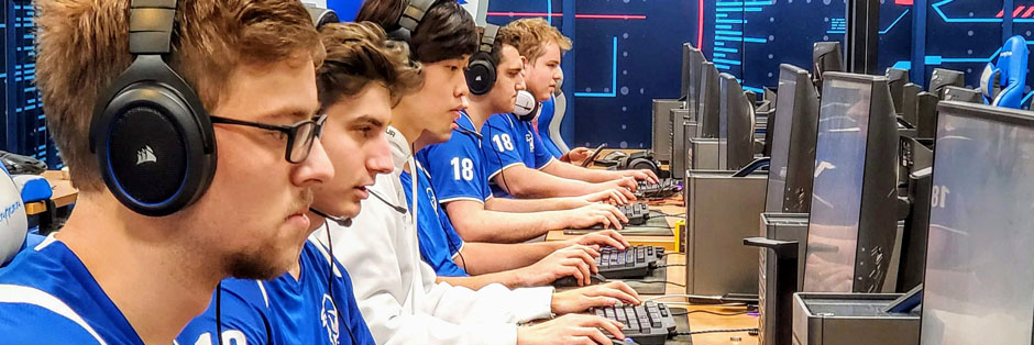 The Seton Hall esports team practicing League of Legends in the new esports gaming lab.
